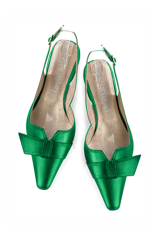 Women's emerald green slingback dress shoes, with a knot on the front. Tapered toe. Low block heels - Top view